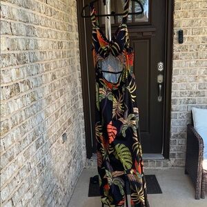 Tropical Cutout Jumpsuit- Black with Green & Orange Leaf Print Size Large